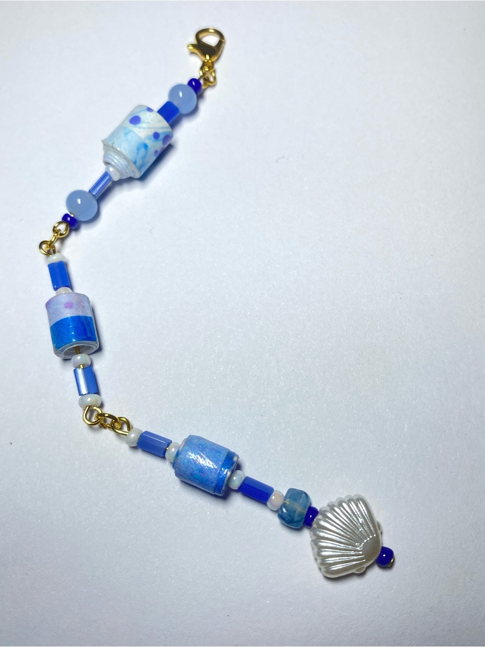 Handmade Blue Paper and Czech Glass Bead Shell Charm